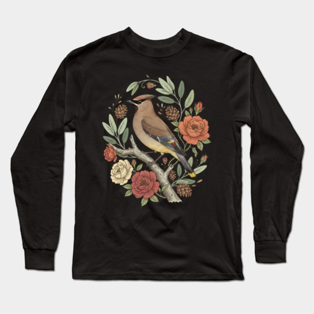 Beautiful Cedar Waxwing With Roses Long Sleeve T-Shirt by BirdsnStuff