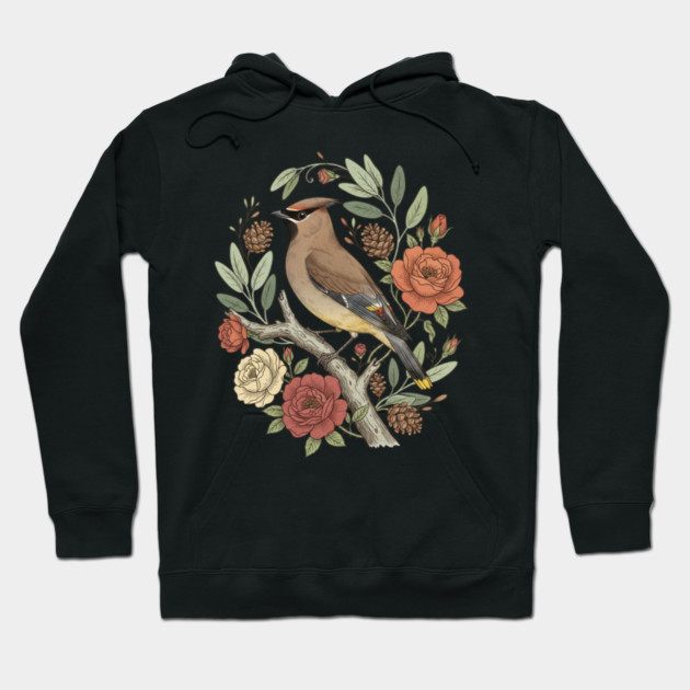 Beautiful Cedar Waxwing With Roses Hoodie by BirdsnStuff