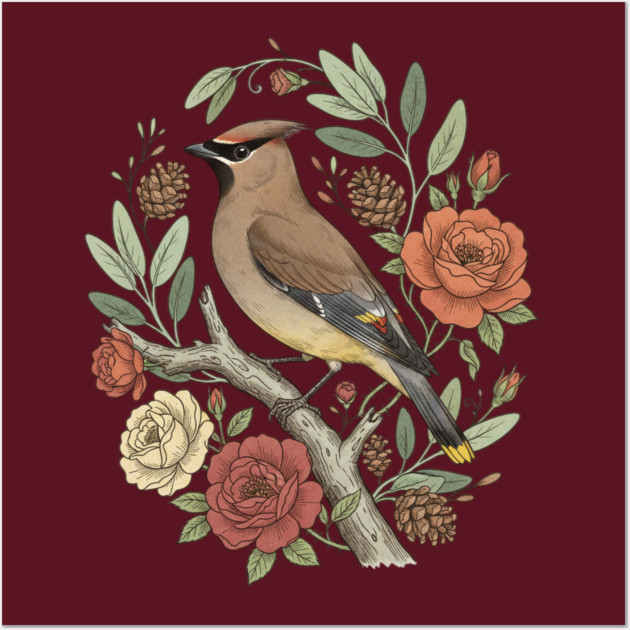 Beautiful Cedar Waxwing With Roses Wall Art by BirdsnStuff