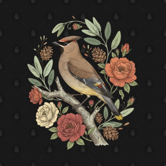 Beautiful Cedar Waxwing With Roses by BirdsnStuff