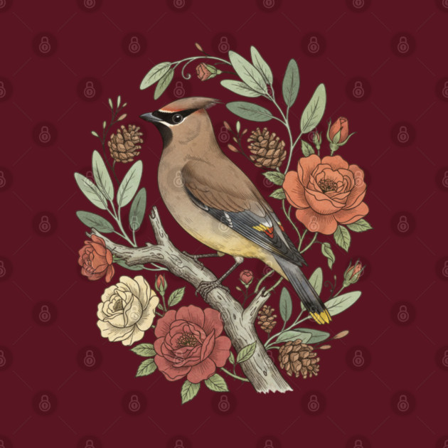 Beautiful Cedar Waxwing With Roses by BirdsnStuff