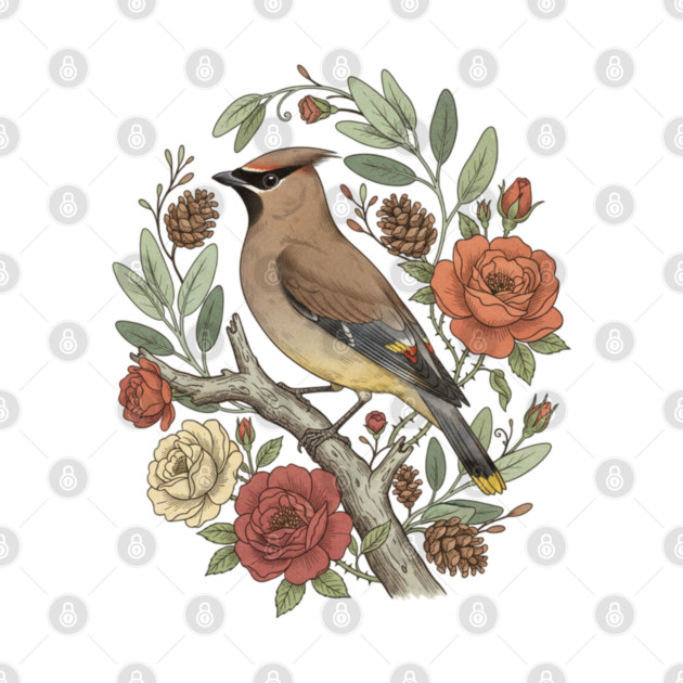 Beautiful Cedar Waxwing With Roses by BirdsnStuff
