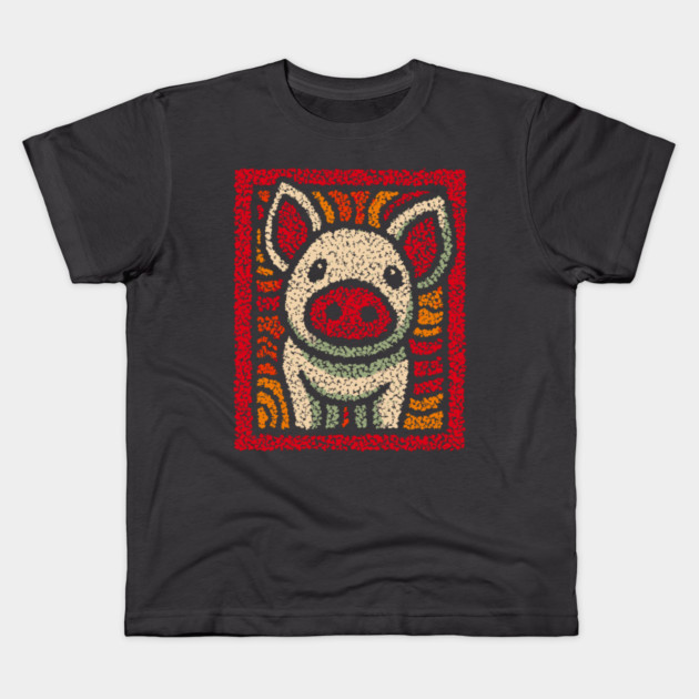 Decorative Pig Tile | Farm Animal Folk Art Kids T-Shirt by TuncGK