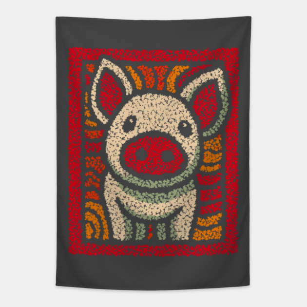 Decorative Pig Tile | Farm Animal Folk Art Tapestry by TuncGK