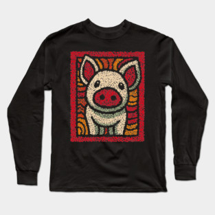 Decorative Pig Tile | Farm Animal Folk Art Long Sleeve T-Shirt