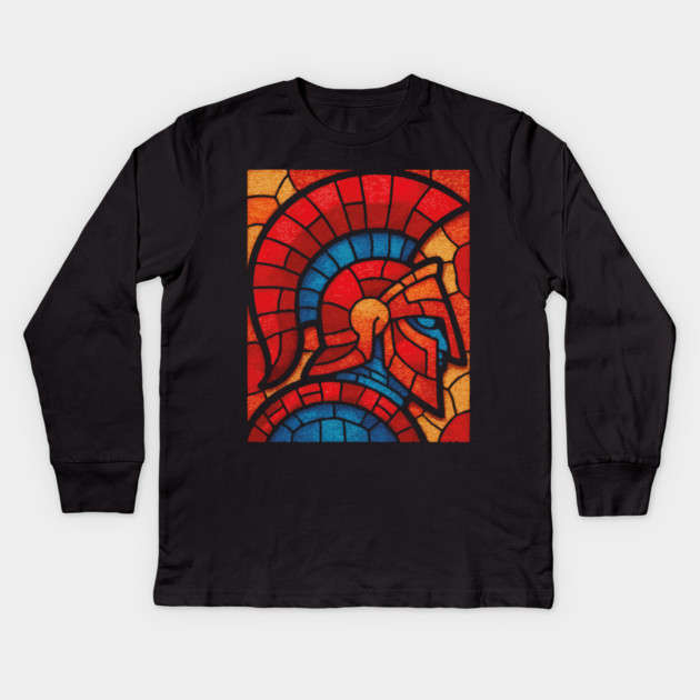Spartan Warrior | Ancient Greek Stained Glass Mosaic Kids Long Sleeve T-Shirt by TuncGK