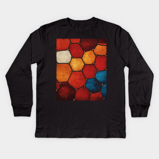 Warm Hexagon Pattern | Geometric Stained Glass Art Kids Long Sleeve T-Shirt by TuncGK
