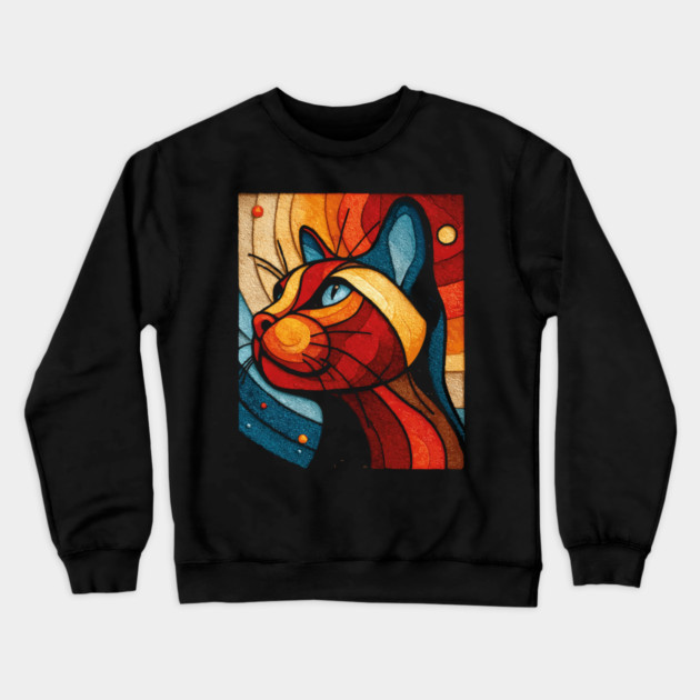 Celestial Cat | Modern Stained Glass Art Portrait Crewneck Sweatshirt by TuncGK