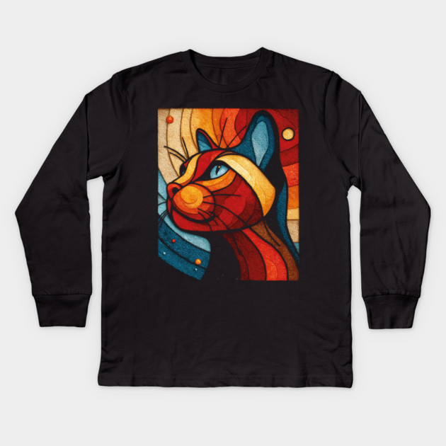 Celestial Cat | Modern Stained Glass Art Portrait Kids Long Sleeve T-Shirt by TuncGK