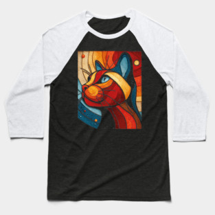 Celestial Cat | Modern Stained Glass Art Portrait Baseball T-Shirt