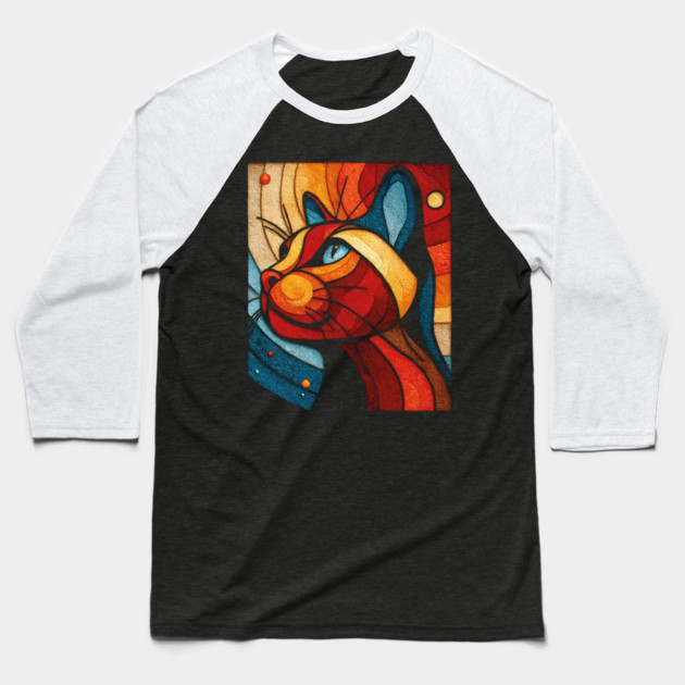 Celestial Cat | Modern Stained Glass Art Portrait Baseball T-Shirt by TuncGK