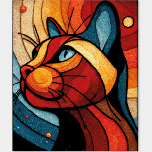 Celestial Cat | Modern Stained Glass Art Portrait Posters and Art
