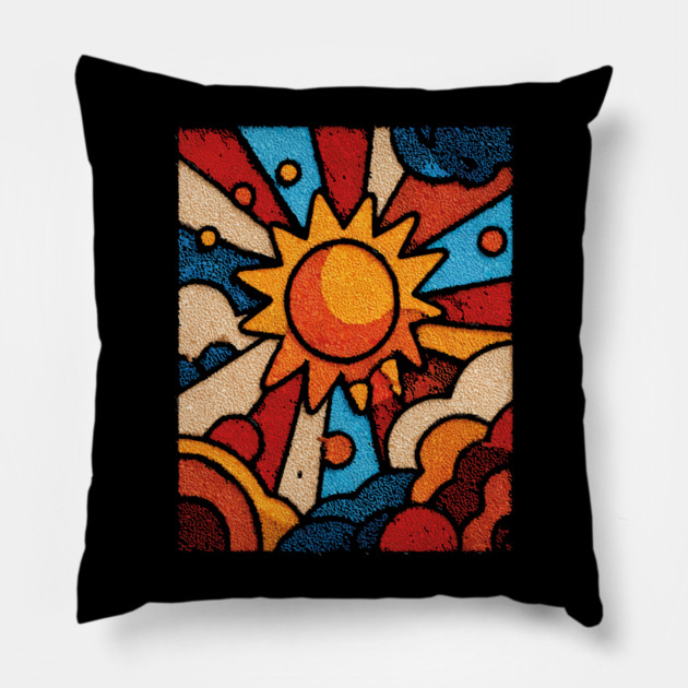 Primitive Sun | Naive Folk Art Mosaic Pillow by TuncGK