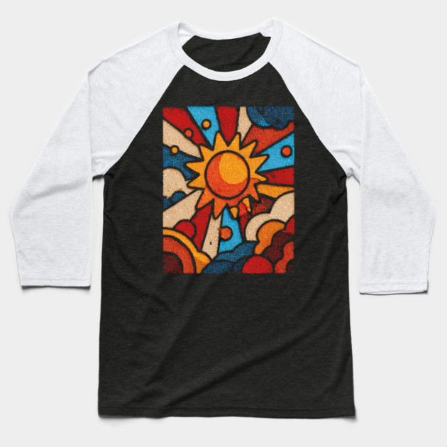 Primitive Sun | Naive Folk Art Mosaic Baseball T-Shirt by TuncGK