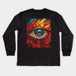 Fiery Eye of Providence | Abstract Stained Glass Mosaic Kids Long Sleeve T-Shirt
