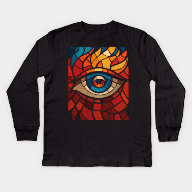 Fiery Eye of Providence | Abstract Stained Glass Mosaic Kids Long Sleeve T-Shirt by TuncGK