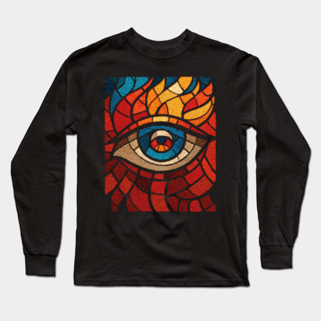 Fiery Eye of Providence | Abstract Stained Glass Mosaic Long Sleeve T-Shirt by TuncGK