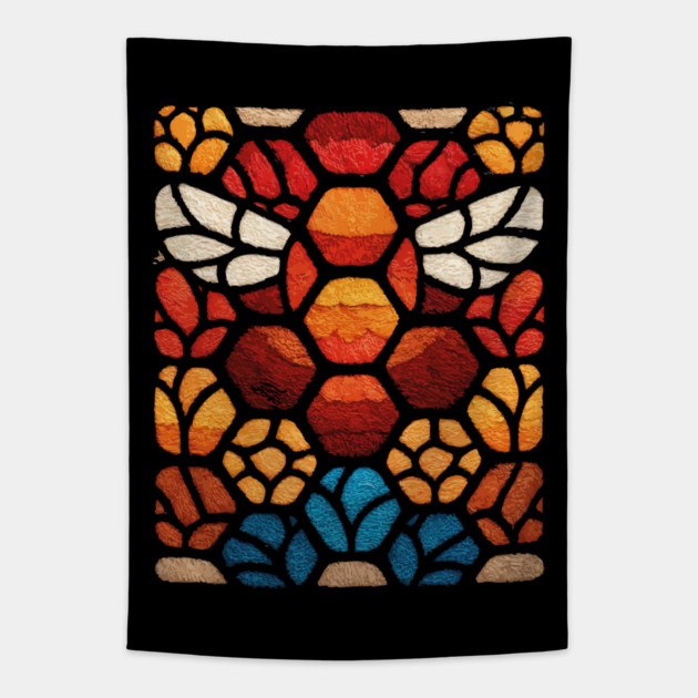 Stained Glass Bee | Sacred Geometry Honeycomb Art Tapestry by TuncGK