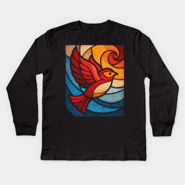 Whimsical Songbird | Modern Folk Art Stained Glass Kids Long Sleeve T-Shirt by TuncGK