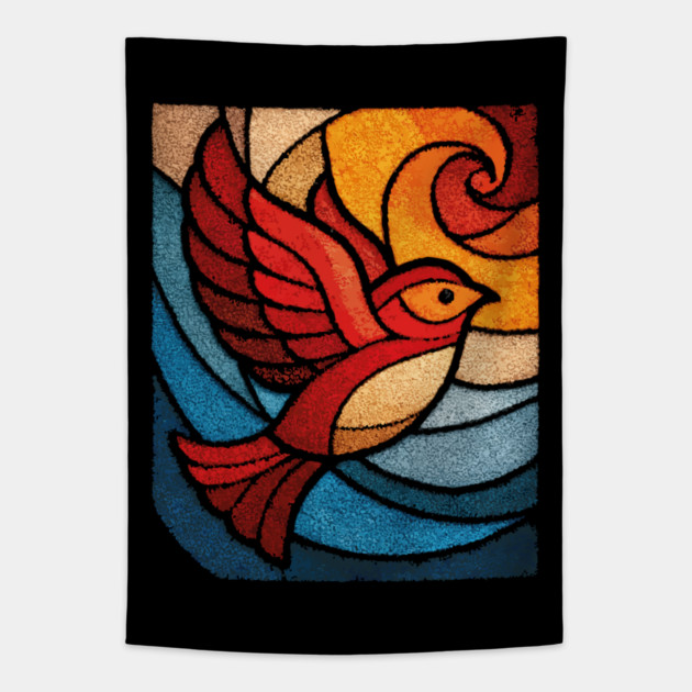 Whimsical Songbird | Modern Folk Art Stained Glass Tapestry by TuncGK