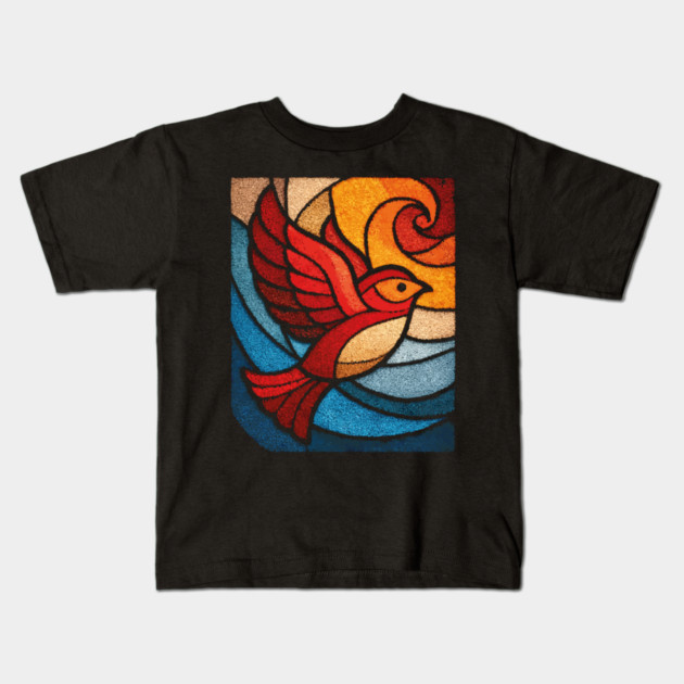 Whimsical Songbird | Modern Folk Art Stained Glass Kids T-Shirt by TuncGK