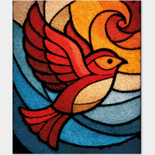 Whimsical Songbird | Modern Folk Art Stained Glass Posters and Art