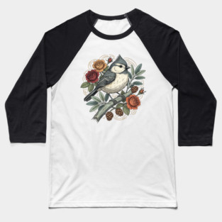 Tufted Titmouse Bird Resting Among Vibrant Roses Baseball T-Shirt