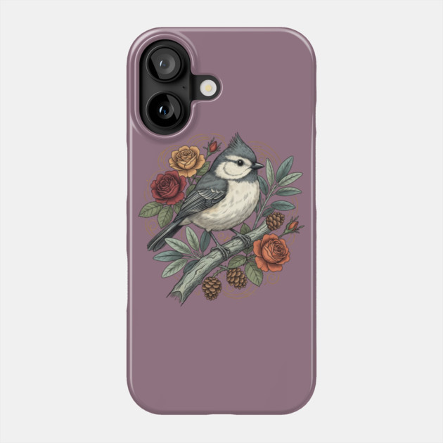 Tufted Titmouse Bird Resting Among Vibrant Roses Phone Case by BirdsnStuff
