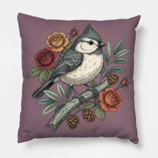 Tufted Titmouse Bird Resting Among Vibrant Roses Pillow
