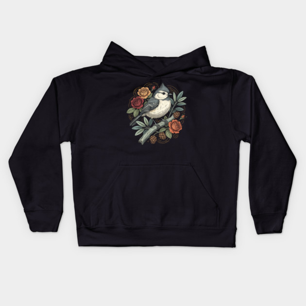 Tufted Titmouse Bird Resting Among Vibrant Roses Kids Hoodie by BirdsnStuff