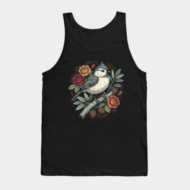 Tufted Titmouse Bird Resting Among Vibrant Roses Tank Top by BirdsnStuff