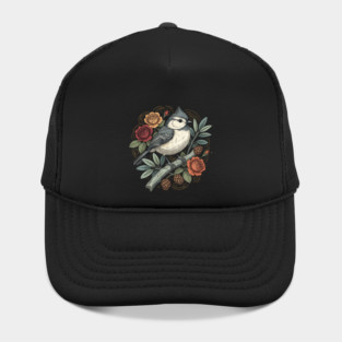 Tufted Titmouse Bird Resting Among Vibrant Roses Hat