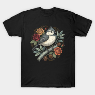 Tufted Titmouse Bird Resting Among Vibrant Roses T-Shirt