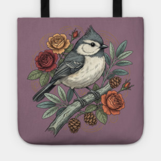 Tufted Titmouse Bird Resting Among Vibrant Roses Tote