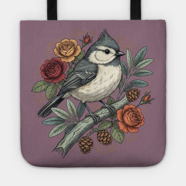 Tufted Titmouse Bird Resting Among Vibrant Roses Tote by BirdsnStuff