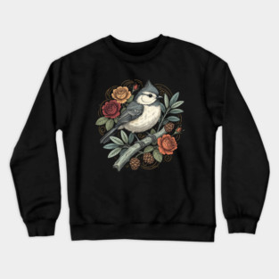 Tufted Titmouse Bird Resting Among Vibrant Roses Crewneck Sweatshirt