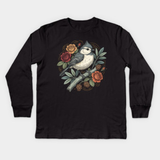 Tufted Titmouse Bird Resting Among Vibrant Roses Kids Long Sleeve T-Shirt
