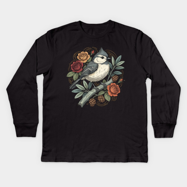 Tufted Titmouse Bird Resting Among Vibrant Roses Kids Long Sleeve T-Shirt by BirdsnStuff