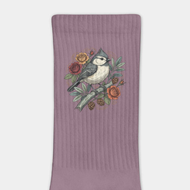 Tufted Titmouse Bird Resting Among Vibrant Roses by BirdsnStuff