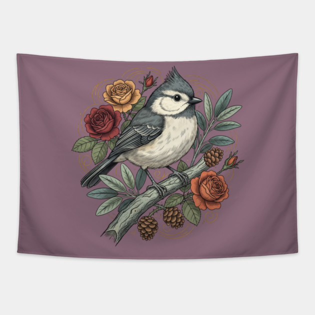 Tufted Titmouse Bird Resting Among Vibrant Roses Tapestry by BirdsnStuff