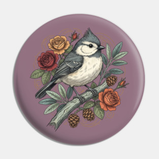 Tufted Titmouse Bird Resting Among Vibrant Roses Pin