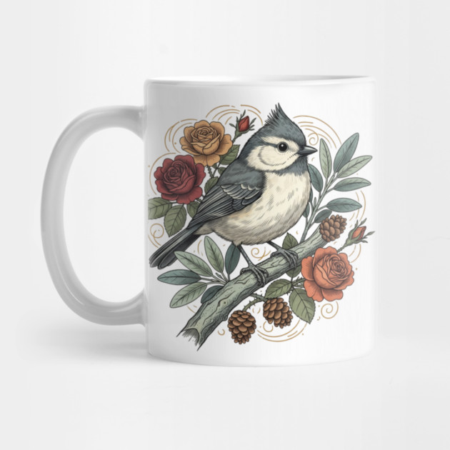 Tufted Titmouse Bird Resting Among Vibrant Roses by BirdsnStuff