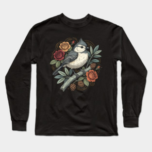 Tufted Titmouse Bird Resting Among Vibrant Roses Long Sleeve T-Shirt