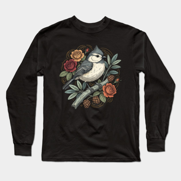 Tufted Titmouse Bird Resting Among Vibrant Roses Long Sleeve T-Shirt by BirdsnStuff