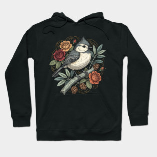 Tufted Titmouse Bird Resting Among Vibrant Roses Hoodie