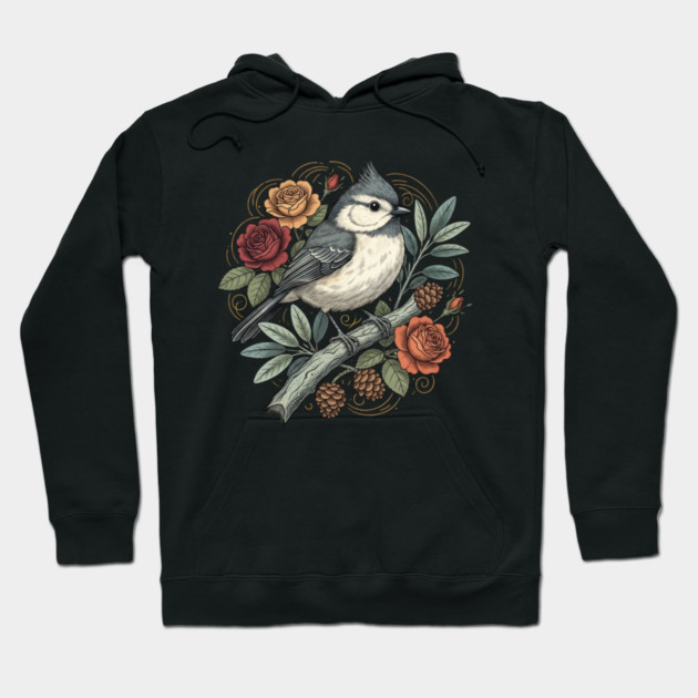Tufted Titmouse Bird Resting Among Vibrant Roses Hoodie by BirdsnStuff
