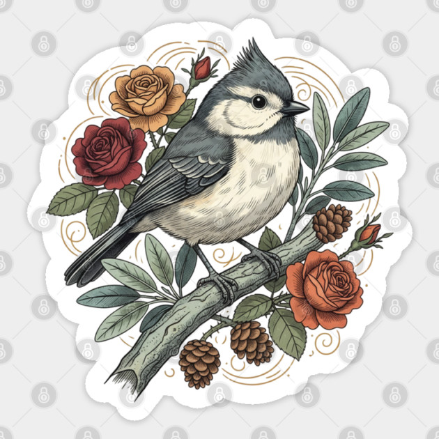 Tufted Titmouse Bird Resting Among Vibrant Roses Sticker by BirdsnStuff
