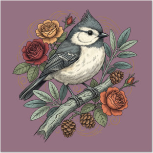Tufted Titmouse Bird Resting Among Vibrant Roses Posters and Art