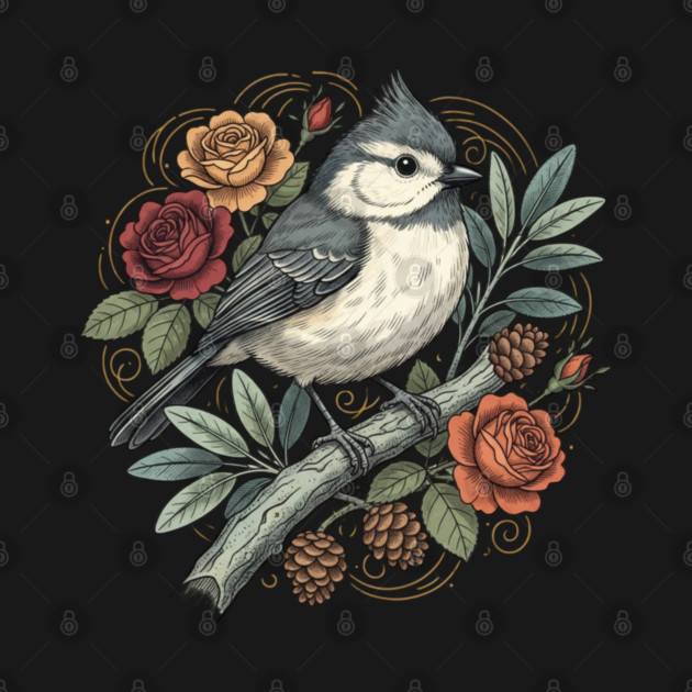 Tufted Titmouse Bird Resting Among Vibrant Roses by BirdsnStuff