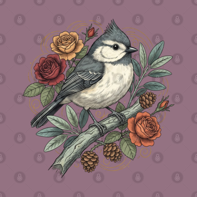 Tufted Titmouse Bird Resting Among Vibrant Roses by BirdsnStuff